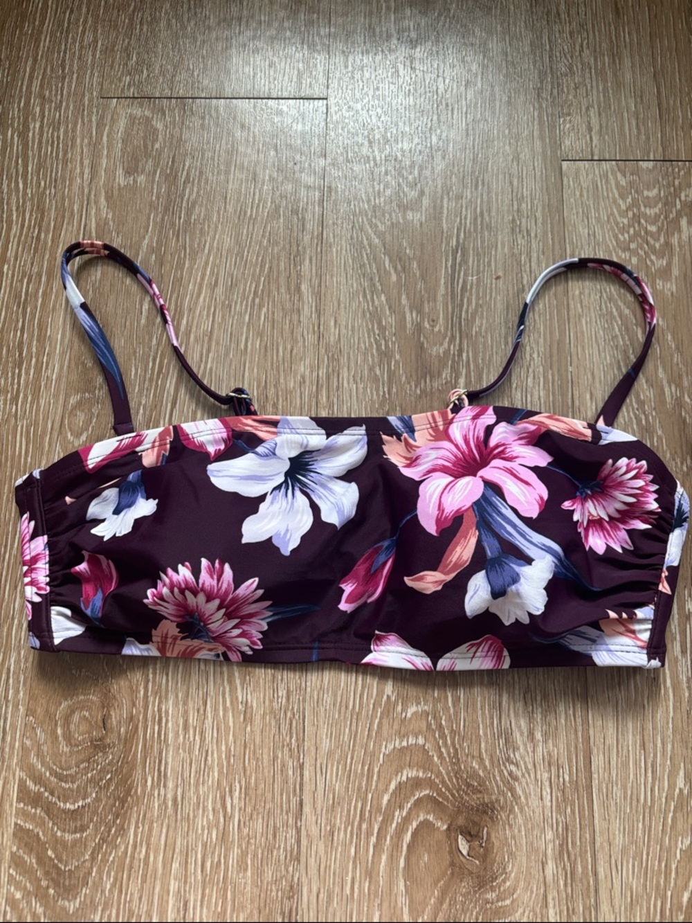 Kona Sol purple/plum floral bikini bandeau top, large